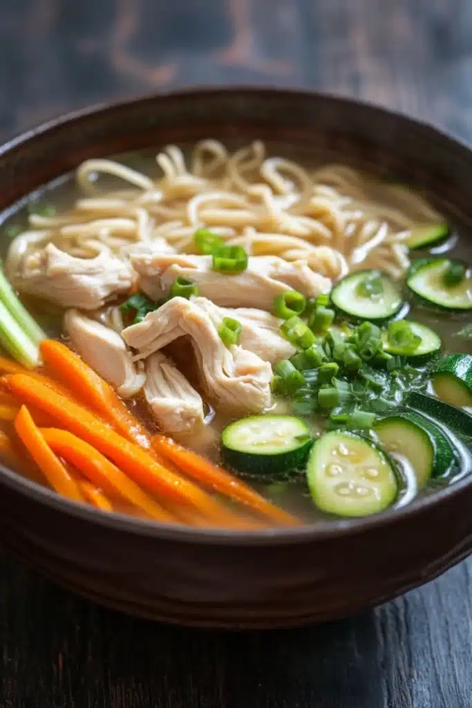 Chicken noodle soup korean - the image is a close-up of a bowl of soup. the soup appears to be made with noodles, chicken, and vegetables. the noodles are white and fluffy, and the chicken is cut into small pieces. the vegetables include sliced cucumbers, carrots, and green onions. the broth is a light brown color and looks thick and creamy. the bowl is made of dark brown ceramic and is sitting on a dark wooden table. the background is blurred, making the soup the focal point of the image.
