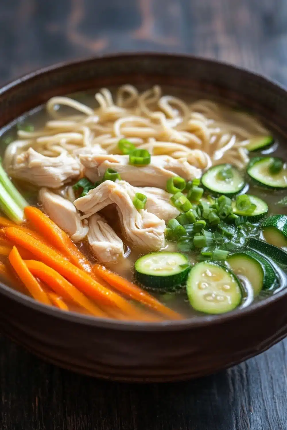 Chicken noodle soup korean - the image is a close-up of a bowl of soup. the soup appears to be made with noodles, chicken, and vegetables. the noodles are white and fluffy, and the chicken is cut into small pieces. the vegetables include sliced cucumbers, carrots, and green onions. the broth is a light brown color and looks thick and creamy. the bowl is made of dark brown ceramic and is sitting on a dark wooden table. the background is blurred, making the soup the focal point of the image.