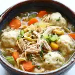 Chicken noodle soup with dumplings - the image is a close-up of a bowl of soup. the soup appears to be a type of noodle soup with chicken, carrots, and dumplings. the bowl is made of ceramic and is sitting on a white marble countertop. the broth is a light brown color and there are chunks of chicken and vegetables mixed in with the soup. there are also some green onions and carrots scattered throughout the soup, adding a pop of color to the dish.