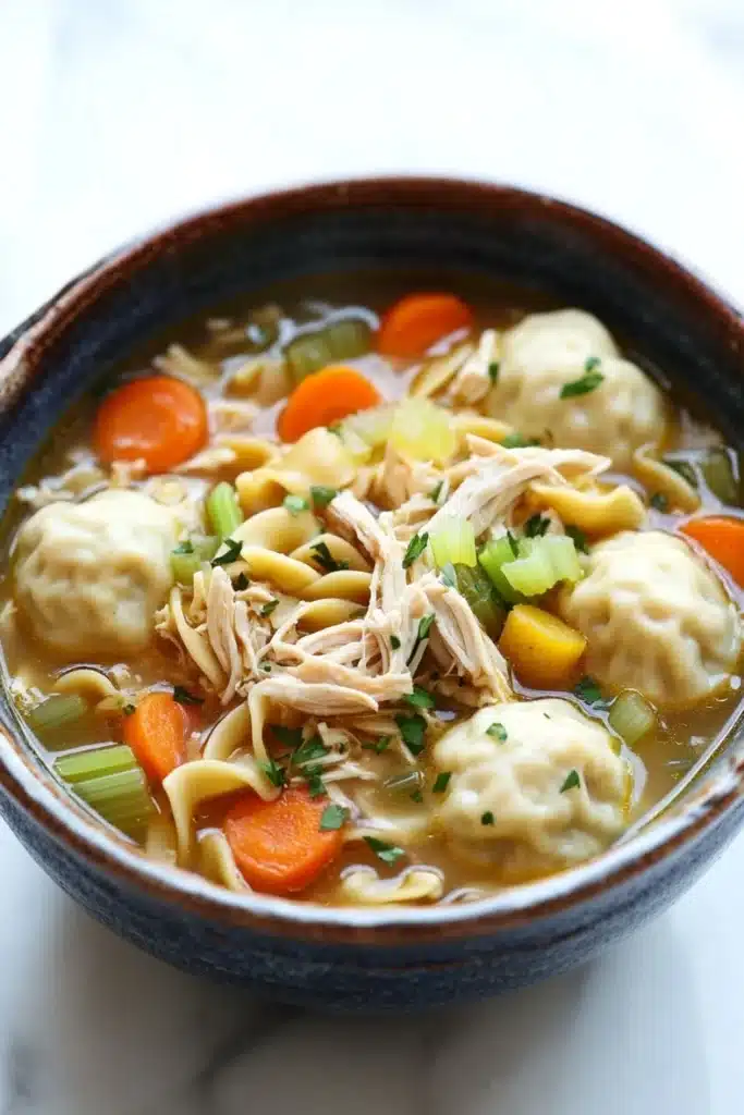 Chicken noodle soup with dumplings - the image is a close-up of a bowl of soup. the soup appears to be a type of noodle soup with chicken, carrots, and dumplings. the bowl is made of ceramic and is sitting on a white marble countertop. the broth is a light brown color and there are chunks of chicken and vegetables mixed in with the soup. there are also some green onions and carrots scattered throughout the soup, adding a pop of color to the dish.