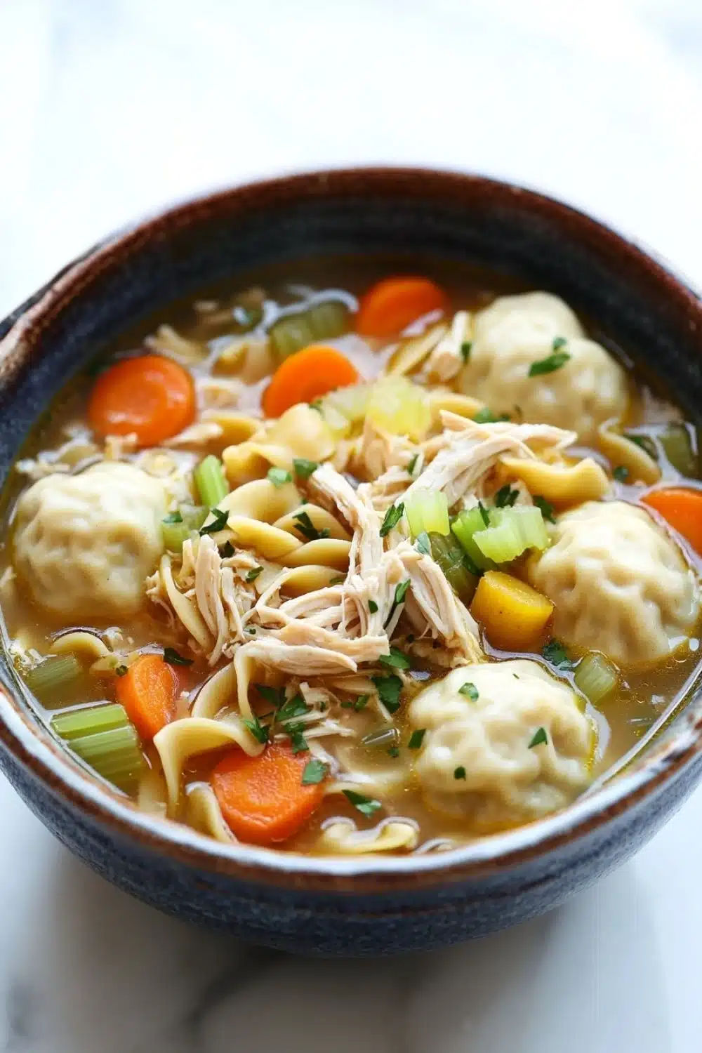 Chicken noodle soup with dumplings - the image is a close-up of a bowl of soup. the soup appears to be a type of noodle soup with chicken, carrots, and dumplings. the bowl is made of ceramic and is sitting on a white marble countertop. the broth is a light brown color and there are chunks of chicken and vegetables mixed in with the soup. there are also some green onions and carrots scattered throughout the soup, adding a pop of color to the dish.