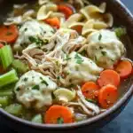 Chicken noodle soup with dumplings - the image is a close-up of a bowl of soup. the soup appears to be a type of noodle soup with chunks of chicken, carrots, celery, and dumplings. the bowl is made of dark brown ceramic and is sitting on a dark grey countertop. the broth is thick and creamy, and the vegetables are bright orange and appear to be fresh. there are also some green herbs sprinkled on top of the soup, adding a pop of color to the dish.