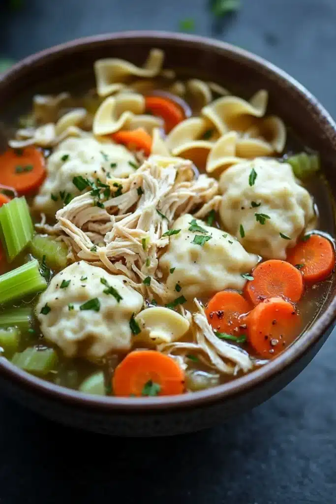 Chicken noodle soup with dumplings - the image is a close-up of a bowl of soup. the soup appears to be a type of noodle soup with chunks of chicken, carrots, celery, and dumplings. the bowl is made of dark brown ceramic and is sitting on a dark grey countertop. the broth is thick and creamy, and the vegetables are bright orange and appear to be fresh. there are also some green herbs sprinkled on top of the soup, adding a pop of color to the dish.