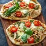 Chicken pesto pizza on naan bread - the image shows two flatbread pizzas on a wooden cutting board. the pizzas are topped with shredded chicken, cherry tomatoes, and basil leaves. the chicken appears to be cooked and the tomatoes are bright red. the basil leaves are scattered around the pizzas, adding a pop of green color to the dish. the cutting board is placed on a dark grey countertop.