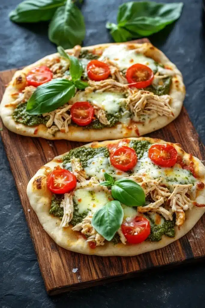 Chicken pesto pizza on naan bread - the image shows two flatbread pizzas on a wooden cutting board. the pizzas are topped with shredded chicken, cherry tomatoes, and basil leaves. the chicken appears to be cooked and the tomatoes are bright red. the basil leaves are scattered around the pizzas, adding a pop of green color to the dish. the cutting board is placed on a dark grey countertop.
