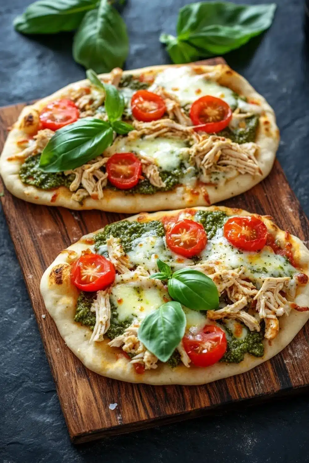 Chicken pesto pizza on naan bread - the image shows two flatbread pizzas on a wooden cutting board. the pizzas are topped with shredded chicken, cherry tomatoes, and basil leaves. the chicken appears to be cooked and the tomatoes are bright red. the basil leaves are scattered around the pizzas, adding a pop of green color to the dish. the cutting board is placed on a dark grey countertop.