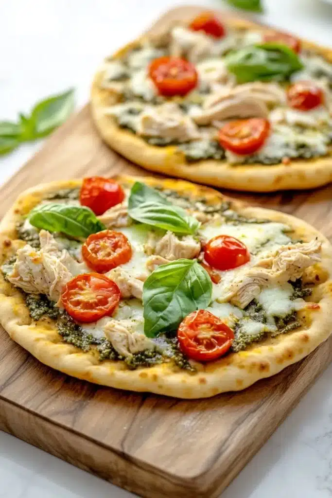 Chicken pesto pizza on naan bread - the image shows two small pizzas on a wooden cutting board. the pizzas are topped with shredded chicken, cherry tomatoes, and fresh basil leaves. the chicken is cooked to a golden brown color and appears to be seasoned with herbs and spices. the cherry tomatoes are bright red and look ripe and juicy. the basil leaves are scattered around the pizzas, adding a pop of green color to the dish. the cutting board is placed on a white marble countertop.