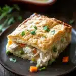 Chicken pot pie casserole freezer - the image shows a slice of chicken pot pie on a black plate. the pie has a golden brown crust on top and is filled with chunks of chicken, peas, carrots, and other vegetables. the dish is garnished with fresh parsley. in the background, there is a red baking dish with more of the same dish. the plate is on a wooden table with a few sprigs of parsley scattered around.
