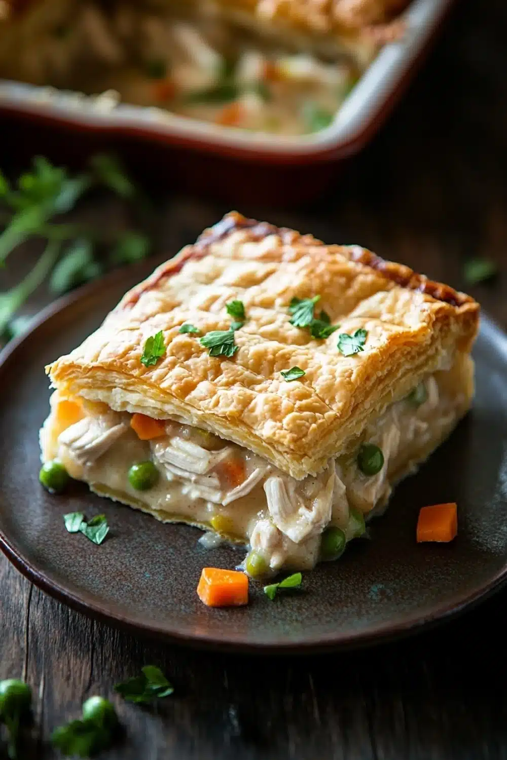 Chicken pot pie casserole freezer - the image shows a slice of chicken pot pie on a black plate. the pie has a golden brown crust on top and is filled with chunks of chicken, peas, carrots, and other vegetables. the dish is garnished with fresh parsley. in the background, there is a red baking dish with more of the same dish. the plate is on a wooden table with a few sprigs of parsley scattered around.