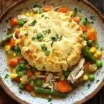 Chicken pot pie casserole freezer - the image shows a bowl of chicken pot pie on a wooden table. the pot pie is golden brown and has a flaky crust on top. it is filled with a variety of vegetables, including carrots, peas, corn, and green beans. the vegetables are mixed in with the pot pie, creating a colorful and appetizing dish. there are also some sprigs of parsley scattered around the bowl, adding a pop of green color to the dish.
