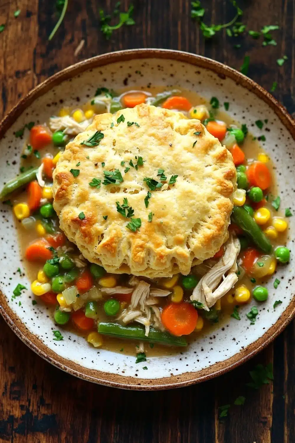 Chicken pot pie casserole freezer - the image shows a bowl of chicken pot pie on a wooden table. the pot pie is golden brown and has a flaky crust on top. it is filled with a variety of vegetables, including carrots, peas, corn, and green beans. the vegetables are mixed in with the pot pie, creating a colorful and appetizing dish. there are also some sprigs of parsley scattered around the bowl, adding a pop of green color to the dish.