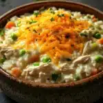 Chicken rice casserole cream soup - the image is a close-up of a bowl of chicken and rice soup. the bowl is made of ceramic and has a dark brown speckled pattern. the soup is a creamy white color with chunks of chicken, peas, carrots, and other vegetables mixed in. on top of the soup, there is a generous amount of shredded cheese. the dish is garnished with fresh parsley. the background is a dark grey countertop with a few sprigs of parsley scattered around.