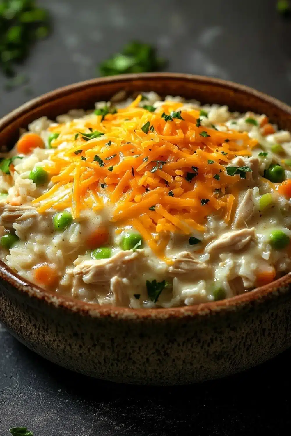 Chicken rice casserole cream soup - the image is a close-up of a bowl of chicken and rice soup. the bowl is made of ceramic and has a dark brown speckled pattern. the soup is a creamy white color with chunks of chicken, peas, carrots, and other vegetables mixed in. on top of the soup, there is a generous amount of shredded cheese. the dish is garnished with fresh parsley. the background is a dark grey countertop with a few sprigs of parsley scattered around.