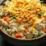 Chicken rice casserole cream soup - the image is a close-up of a bowl of food. the bowl is made of ceramic and has a dark brown color. the food appears to be a dish made with rice, chicken, peas, carrots, and other vegetables. the rice is white and fluffy, and the chicken is cooked until it is golden brown. on top of the rice, there is a layer of crumbled breadcrumbs, which are golden brown and appear to be seasoned with herbs and spices. the dish is garnished with a sprinkle of green herbs. the background is blurred, but it seems to be an indoor setting with a black countertop.
