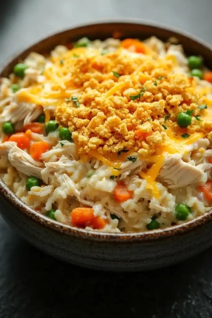 Chicken rice casserole cream soup - the image is a close-up of a bowl of food. the bowl is made of ceramic and has a dark brown color. the food appears to be a dish made with rice, chicken, peas, carrots, and other vegetables. the rice is white and fluffy, and the chicken is cooked until it is golden brown. on top of the rice, there is a layer of crumbled breadcrumbs, which are golden brown and appear to be seasoned with herbs and spices. the dish is garnished with a sprinkle of green herbs. the background is blurred, but it seems to be an indoor setting with a black countertop.
