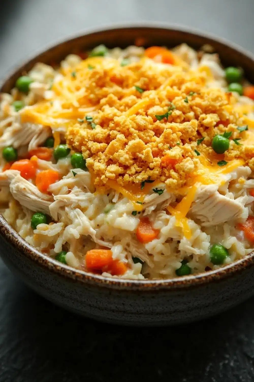 Chicken rice casserole cream soup - the image is a close-up of a bowl of food. the bowl is made of ceramic and has a dark brown color. the food appears to be a dish made with rice, chicken, peas, carrots, and other vegetables. the rice is white and fluffy, and the chicken is cooked until it is golden brown. on top of the rice, there is a layer of crumbled breadcrumbs, which are golden brown and appear to be seasoned with herbs and spices. the dish is garnished with a sprinkle of green herbs. the background is blurred, but it seems to be an indoor setting with a black countertop.