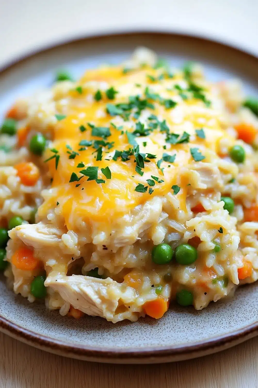 Chicken rice casserole instant pot - the image shows a plate of risotto with chicken and peas. the risotto is a creamy yellow color and appears to be cooked until it is soft and fluffy. the chicken is cut into small pieces and is covered in a layer of melted cheese. the peas are bright green and are scattered throughout the risotto. the dish is garnished with a sprig of fresh parsley. the plate is sitting on a wooden table.