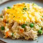 Chicken rice casserole instant pot - the image shows a close-up of a dish on a plate. the dish appears to be a casserole or risotto, with a layer of yellow cheese on top. the cheese is melted and bubbly, and there are small pieces of chicken and peas scattered throughout the dish. the plate is light blue with a speckled pattern, and the background is blurred, making the dish the focal point of the image.