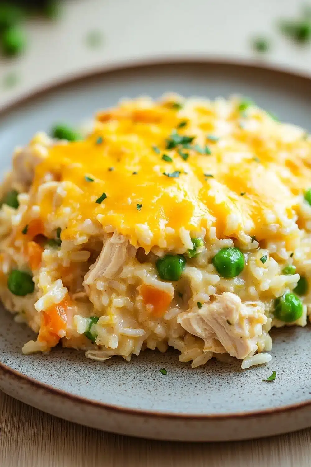 Chicken rice casserole instant pot - the image shows a close-up of a dish on a plate. the dish appears to be a casserole or risotto, with a layer of yellow cheese on top. the cheese is melted and bubbly, and there are small pieces of chicken and peas scattered throughout the dish. the plate is light blue with a speckled pattern, and the background is blurred, making the dish the focal point of the image.