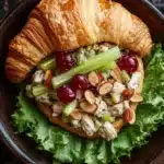 Chicken salad sandwich on croissant - the image shows a bowl of salad with a croissant on top. the salad is made up of a bed of lettuce leaves, sliced celery, cherry tomatoes, and almonds. the chicken is visible in the center of the salad, and it appears to be a creamy white color. the bowl is made of dark wood and has a rustic, weathered look. the background is blurred, but it seems to be an indoor setting with a dark countertop.