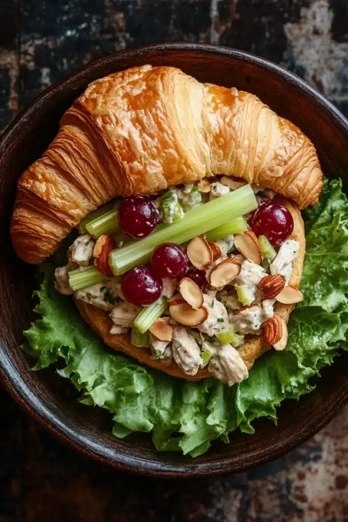 Chicken salad sandwich on croissant - the image shows a bowl of salad with a croissant on top. the salad is made up of a bed of lettuce leaves, sliced celery, cherry tomatoes, and almonds. the chicken is visible in the center of the salad, and it appears to be a creamy white color. the bowl is made of dark wood and has a rustic, weathered look. the background is blurred, but it seems to be an indoor setting with a dark countertop.