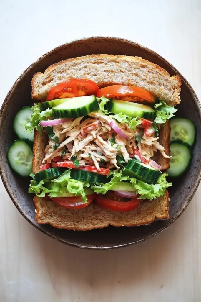 Chicken salad sandwich with veggies - the image shows a sandwich in a brown ceramic bowl. the sandwich is made with two slices of toasted bread and is filled with a variety of ingredients. on top of the bread, there are shredded chicken, sliced cucumbers, red onions, and lettuce. the vegetables are arranged in a colorful and appetizing manner. the bowl is sitting on a white wooden table.