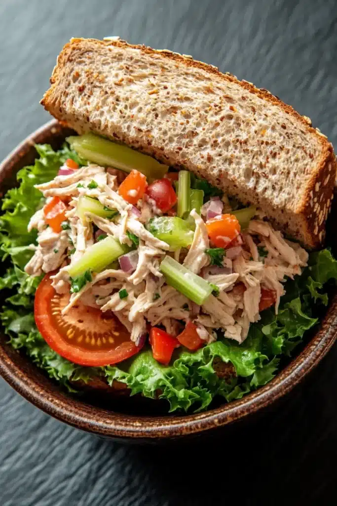 Chicken salad sandwich with veggies - the image shows a bowl of salad with a slice of bread on top. the salad is made up of lettuce, cherry tomatoes, celery, and other vegetables. the bread is toasted and appears to be freshly baked. the bowl is made of dark brown ceramic and is placed on a dark grey surface. the background is blurred, making the salad the focal point of the image.