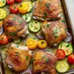 Chicken sheet pan dinner keto - the image shows a baking tray filled with grilled chicken and vegetables. the chicken is golden brown and appears to be seasoned with herbs and spices. the vegetables are sliced zucchini, cherry tomatoes, and red onions. the tray is lined with parchment paper and there is a sprig of parsley on the side. the background is a wooden table.