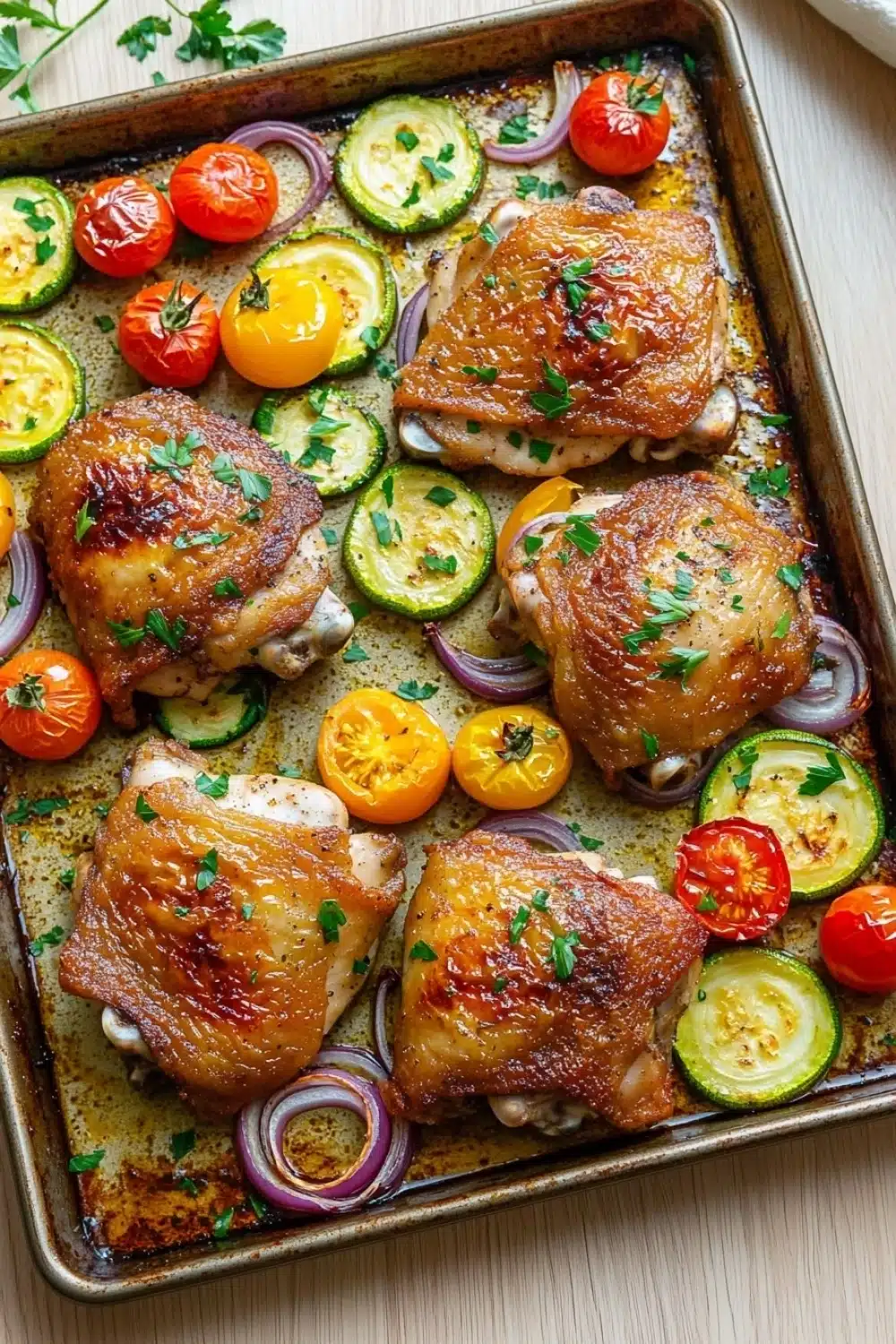Chicken sheet pan dinner keto - the image shows a baking tray filled with grilled chicken and vegetables. the chicken is golden brown and appears to be seasoned with herbs and spices. the vegetables are sliced zucchini, cherry tomatoes, and red onions. the tray is lined with parchment paper and there is a sprig of parsley on the side. the background is a wooden table.