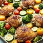 Chicken sheet pan dinner keto - the image shows a baking tray filled with roasted chicken and vegetables. the chicken is golden brown and appears to be seasoned with herbs and spices. the vegetables include broccoli, cherry tomatoes, zucchini, and cherry tomatoes. the tray is lined with parchment paper and is placed on a white marble countertop. the overall presentation of the dish is colorful and appetizing.