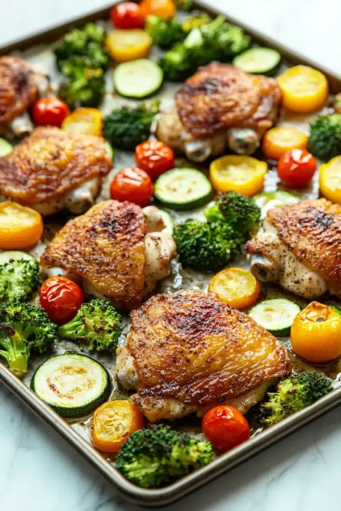 Chicken sheet pan dinner keto - the image shows a baking tray filled with roasted chicken and vegetables. the chicken is golden brown and appears to be seasoned with herbs and spices. the vegetables include broccoli, cherry tomatoes, zucchini, and cherry tomatoes. the tray is lined with parchment paper and is placed on a white marble countertop. the overall presentation of the dish is colorful and appetizing.