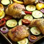 Chicken sheet pan dinner with zucchini - the image shows a baking tray with grilled chicken and vegetables. the chicken is golden brown and appears to be seasoned with herbs and spices. the vegetables are sliced zucchini, red and yellow bell peppers, and red onions. the tray is lined with parchment paper and is placed on a black countertop. the background is blurred, but it seems to be a kitchen countertop with other baking utensils visible.