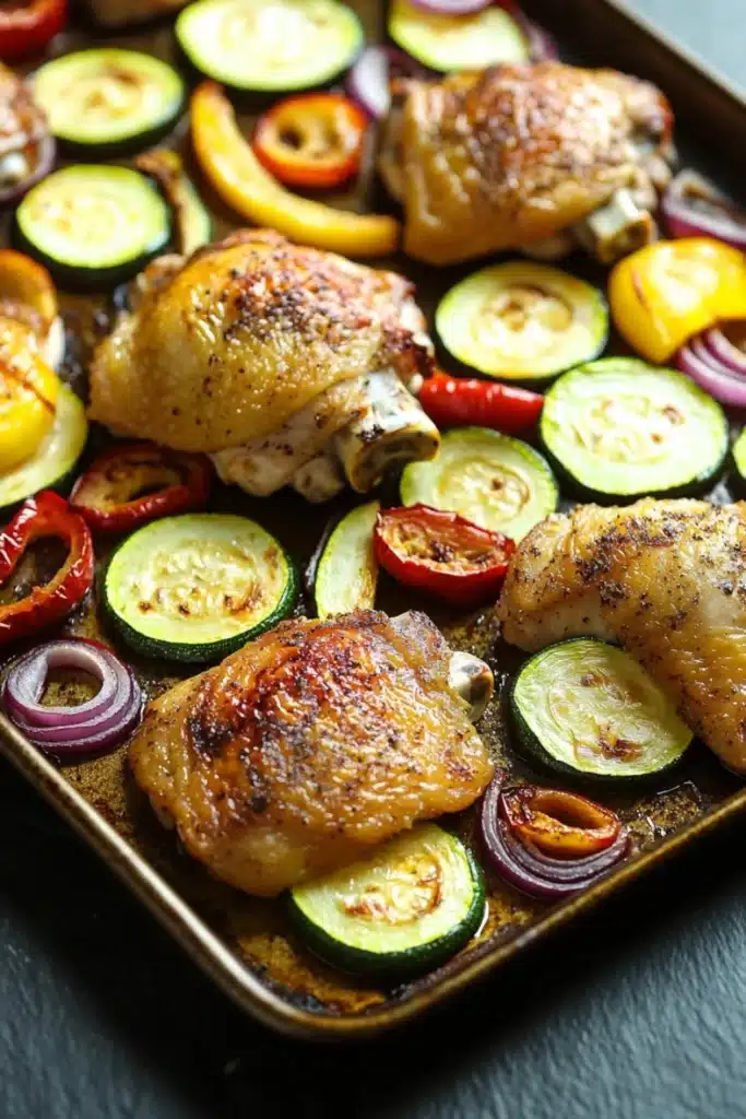 Chicken sheet pan dinner with zucchini - the image shows a baking tray with grilled chicken and vegetables. the chicken is golden brown and appears to be seasoned with herbs and spices. the vegetables are sliced zucchini, red and yellow bell peppers, and red onions. the tray is lined with parchment paper and is placed on a black countertop. the background is blurred, but it seems to be a kitchen countertop with other baking utensils visible.