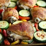 Chicken sheet pan dinner with zucchini - the image shows a baking tray filled with roasted chicken and vegetables. the chicken is golden brown and appears to be seasoned with herbs and spices. the vegetables are sliced zucchini, red bell peppers, and yellow bell peppers. the tray is lined with parchment paper and is placed on a black countertop. the background is blurred, but it seems to be a kitchen countertop with other baking utensils visible.