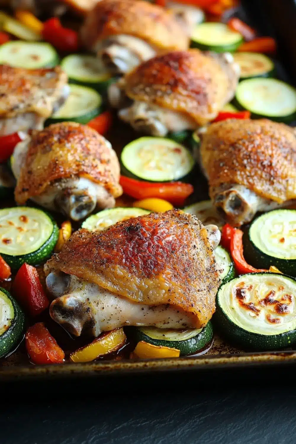 Chicken sheet pan dinner with zucchini - the image shows a baking tray filled with roasted chicken and vegetables. the chicken is golden brown and appears to be seasoned with herbs and spices. the vegetables are sliced zucchini, red bell peppers, and yellow bell peppers. the tray is lined with parchment paper and is placed on a black countertop. the background is blurred, but it seems to be a kitchen countertop with other baking utensils visible.