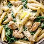 Chicken spinach skillet pasta with lemon parmesan - the image is a close-up of a bowl of pasta dish. the pasta appears to be penne, which is a type of penne pasta, and is cooked al dente. the dish is garnished with fresh spinach leaves and chunks of chicken. the chicken is cooked to a golden brown color and is sprinkled with grated parmesan cheese. the bowl is made of ceramic and is sitting on a white marble countertop. the overall color scheme of the dish is warm and inviting.