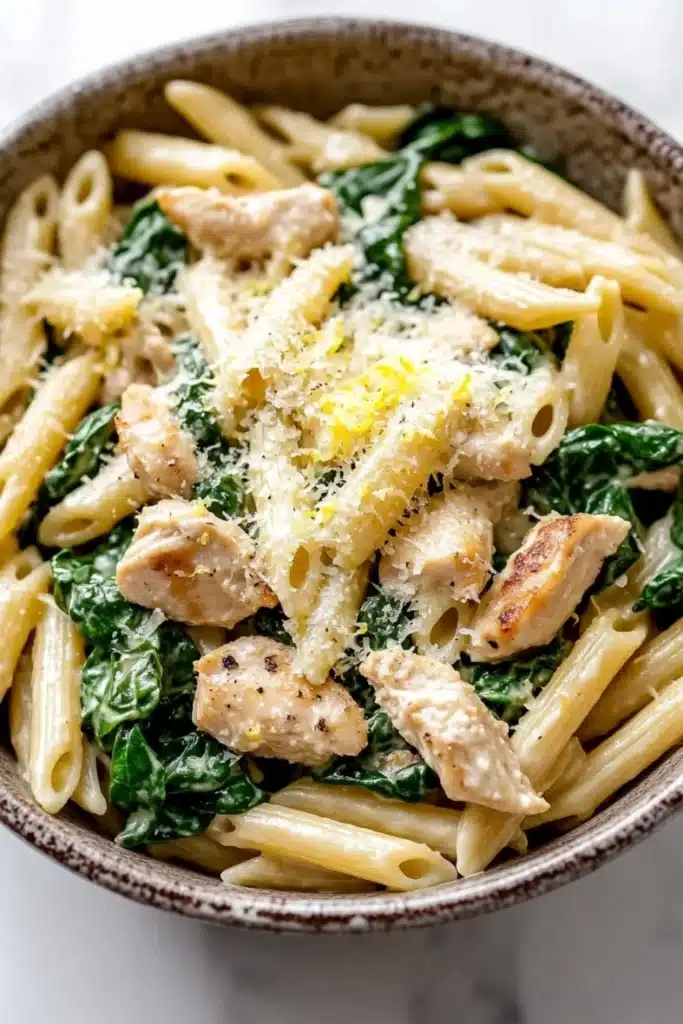Chicken spinach skillet pasta with lemon parmesan - the image is a close-up of a bowl of pasta dish. the pasta appears to be penne, which is a type of penne pasta, and is cooked al dente. the dish is garnished with fresh spinach leaves and chunks of chicken. the chicken is cooked to a golden brown color and is sprinkled with grated parmesan cheese. the bowl is made of ceramic and is sitting on a white marble countertop. the overall color scheme of the dish is warm and inviting.