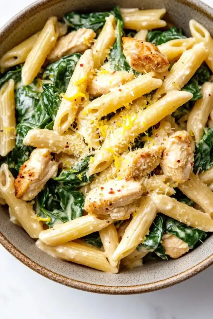Chicken spinach skillet pasta with lemon parmesan - the image is a close-up of a bowl of pasta dish. the pasta appears to be penne or penne, and it is cooked al dente. the dish is garnished with fresh spinach leaves and chunks of chicken. the chicken is cooked to a golden brown color and is sprinkled with grated parmesan cheese. the bowl is made of ceramic and is sitting on a white marble countertop.