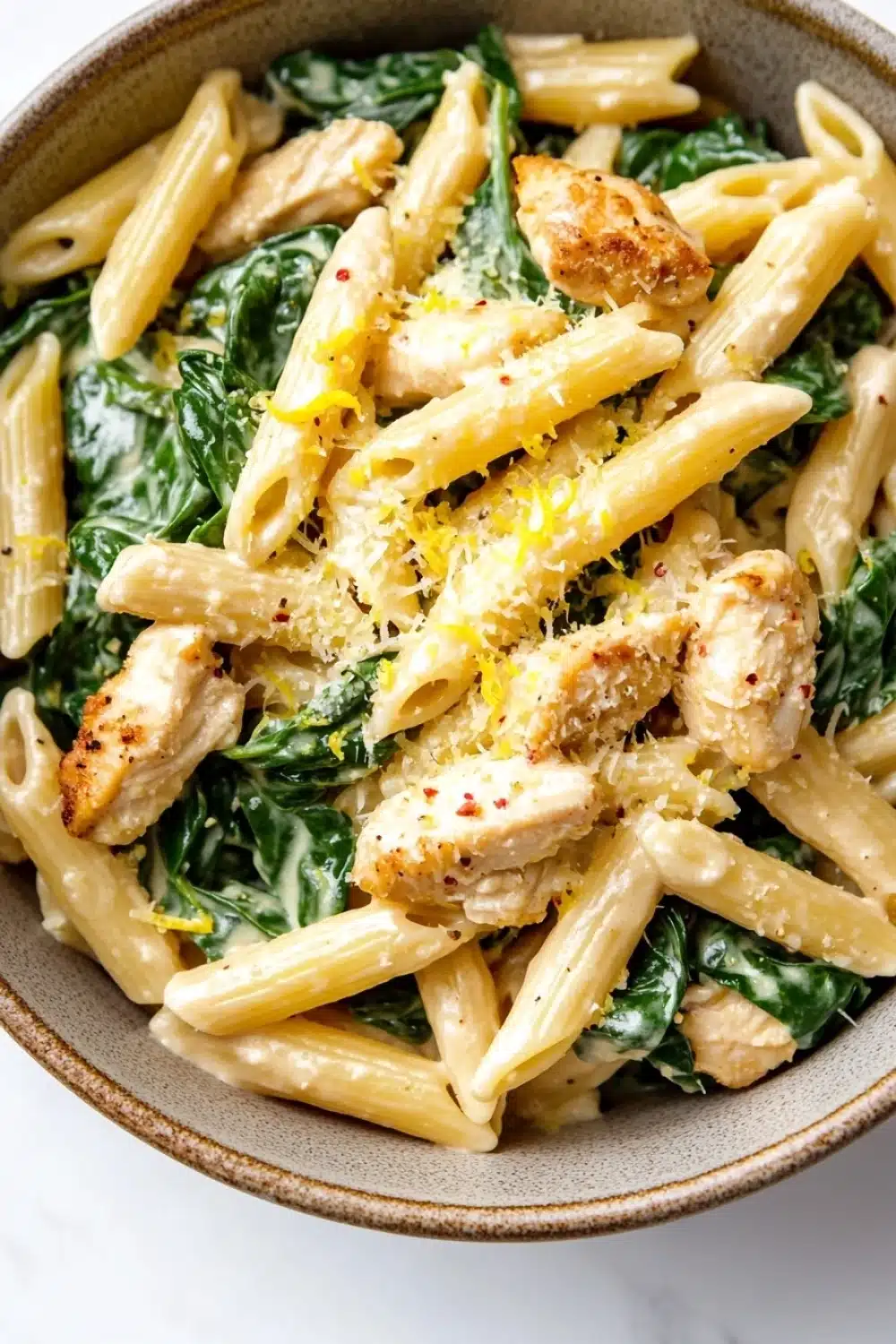 Chicken spinach skillet pasta with lemon parmesan - the image is a close-up of a bowl of pasta dish. the pasta appears to be penne or penne, and it is cooked al dente. the dish is garnished with fresh spinach leaves and chunks of chicken. the chicken is cooked to a golden brown color and is sprinkled with grated parmesan cheese. the bowl is made of ceramic and is sitting on a white marble countertop.