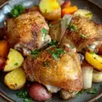 Chicken thigh dinner dutch oven - the image shows a plate of roasted chicken with potatoes and carrots. the chicken is golden brown and appears to be seasoned with herbs and spices. the potatoes are cut into small cubes and are arranged in a circular pattern on the plate. the carrots are bright orange and yellow, and the potatoes are a mix of red and yellow. the dish is garnished with a sprig of parsley. the plate is sitting on a wooden table with a white cloth napkin in the background.