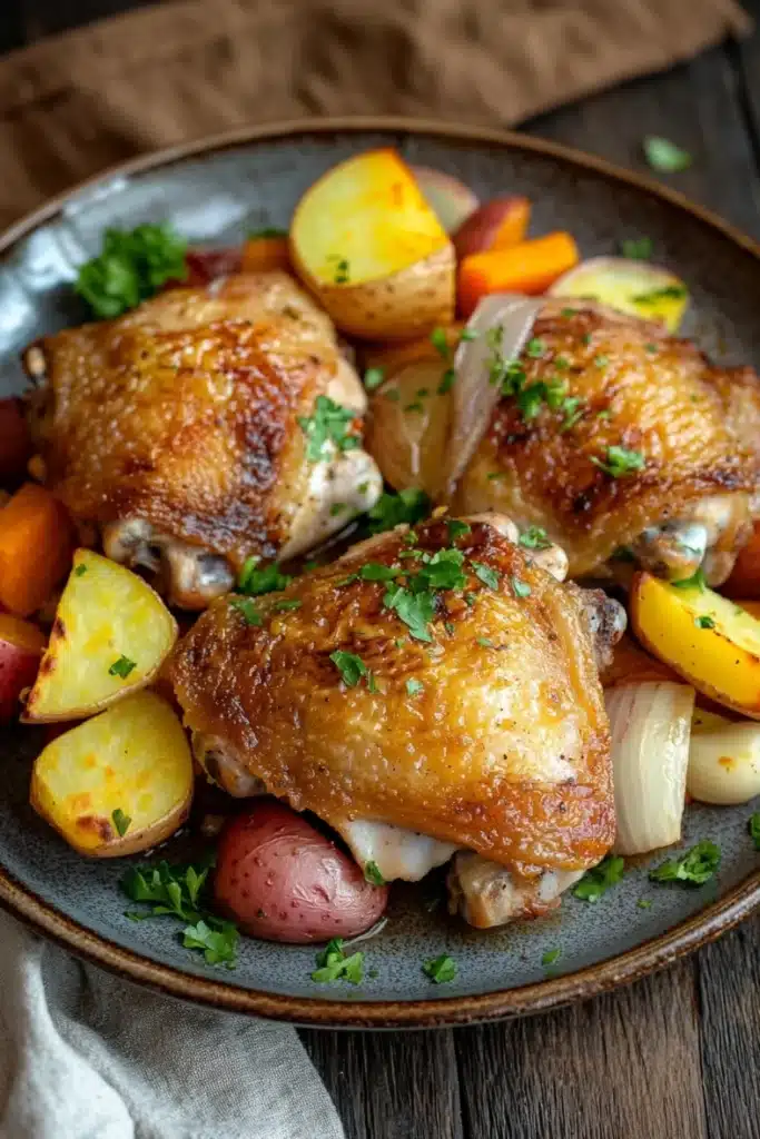 Chicken thigh dinner dutch oven - the image shows a plate of roasted chicken with potatoes and carrots. the chicken is golden brown and appears to be seasoned with herbs and spices. the potatoes are cut into small cubes and are arranged in a circular pattern on the plate. the carrots are bright orange and yellow, and the potatoes are a mix of red and yellow. the dish is garnished with a sprig of parsley. the plate is sitting on a wooden table with a white cloth napkin in the background.