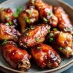 Chicken wing air fryer honey bbq - the image shows a plate of chicken wings covered in a red sauce. the wings are arranged in a circular pattern on a dark grey plate. the sauce appears to be a deep red color and is drizzled over the wings. there are small pieces of chopped green onions scattered throughout the plate, adding a pop of color to the dish. the plate is sitting on a textured surface, possibly a table or countertop.