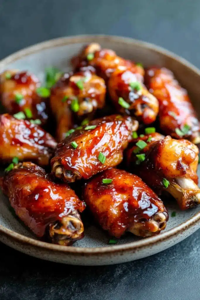 Chicken wing air fryer honey bbq - the image shows a plate of chicken wings covered in a red sauce. the wings are arranged in a circular pattern on a dark grey plate. the sauce appears to be a deep red color and is drizzled over the wings. there are small pieces of chopped green onions scattered throughout the plate, adding a pop of color to the dish. the plate is sitting on a textured surface, possibly a table or countertop.