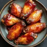 Chicken wing air fryer honey bbq - the image shows a plate of chicken wings covered in a dark sauce. the wings are arranged in a circular pattern on the plate, with each wing slightly overlapping the one below it. the sauce appears to be a reddish-brown color and has a glossy texture. the plate is made of a light-colored ceramic or porcelain material and is placed on a dark grey surface. the background is blurred, making the wings the focal point of the image.