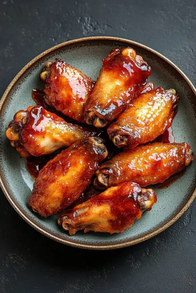 Chicken wing air fryer honey bbq - the image shows a plate of chicken wings covered in a dark sauce. the wings are arranged in a circular pattern on the plate, with each wing slightly overlapping the one below it. the sauce appears to be a reddish-brown color and has a glossy texture. the plate is made of a light-colored ceramic or porcelain material and is placed on a dark grey surface. the background is blurred, making the wings the focal point of the image.