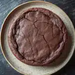 Chocolate banana yoghurt cake - the image is a close-up of a round chocolate cake on a white plate with a speckled rim. the cake appears to be freshly baked and has a crumbly texture. the plate is placed on a dark textured surface, possibly a table or countertop. the background is blurred, making the cake the focal point of the image.