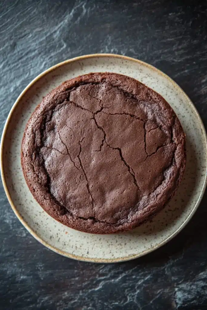Chocolate banana yoghurt cake - the image is a close-up of a round chocolate cake on a white plate with a speckled rim. the cake appears to be freshly baked and has a crumbly texture. the plate is placed on a dark textured surface, possibly a table or countertop. the background is blurred, making the cake the focal point of the image.