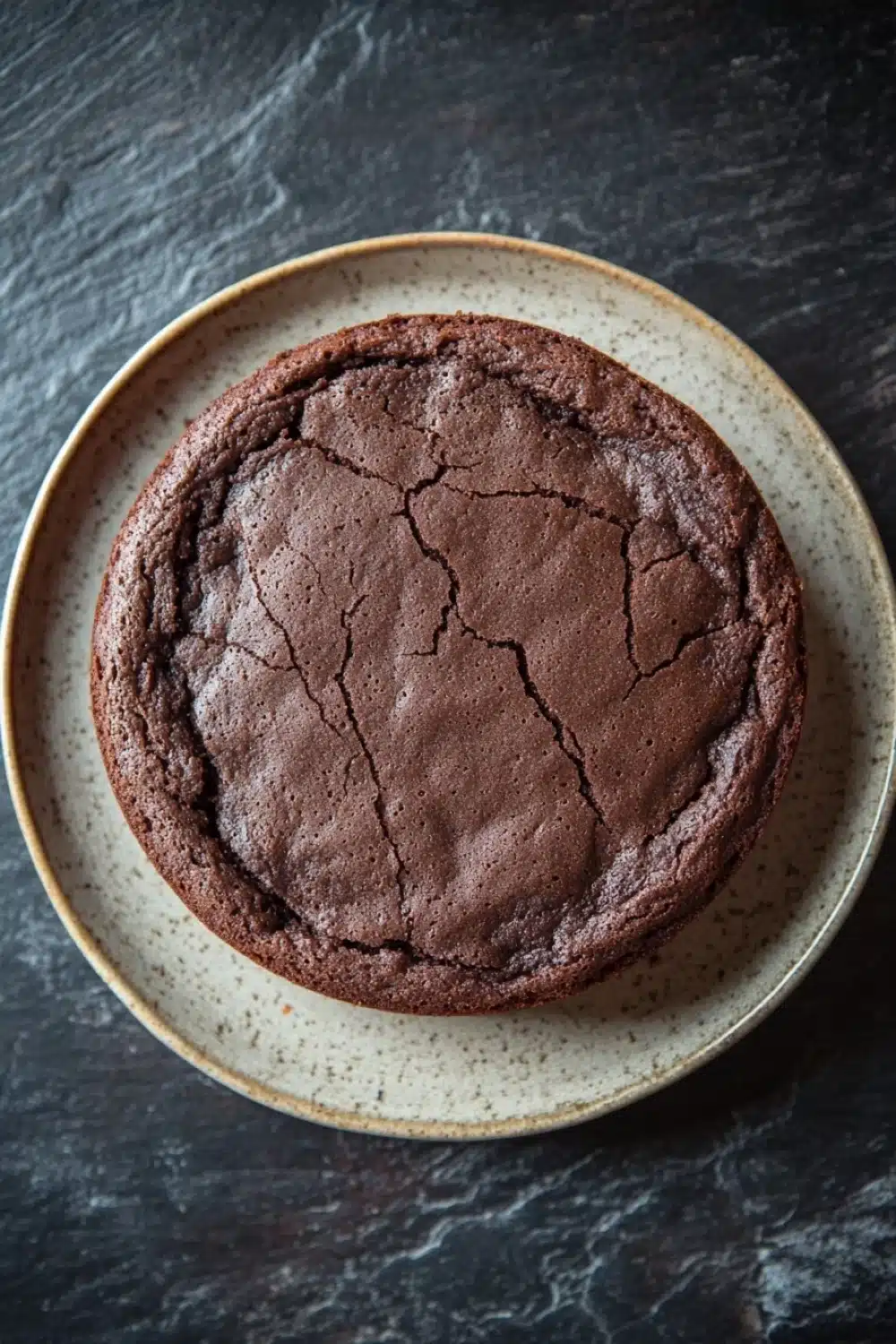 Chocolate banana yoghurt cake - the image is a close-up of a round chocolate cake on a white plate with a speckled rim. the cake appears to be freshly baked and has a crumbly texture. the plate is placed on a dark textured surface, possibly a table or countertop. the background is blurred, making the cake the focal point of the image.