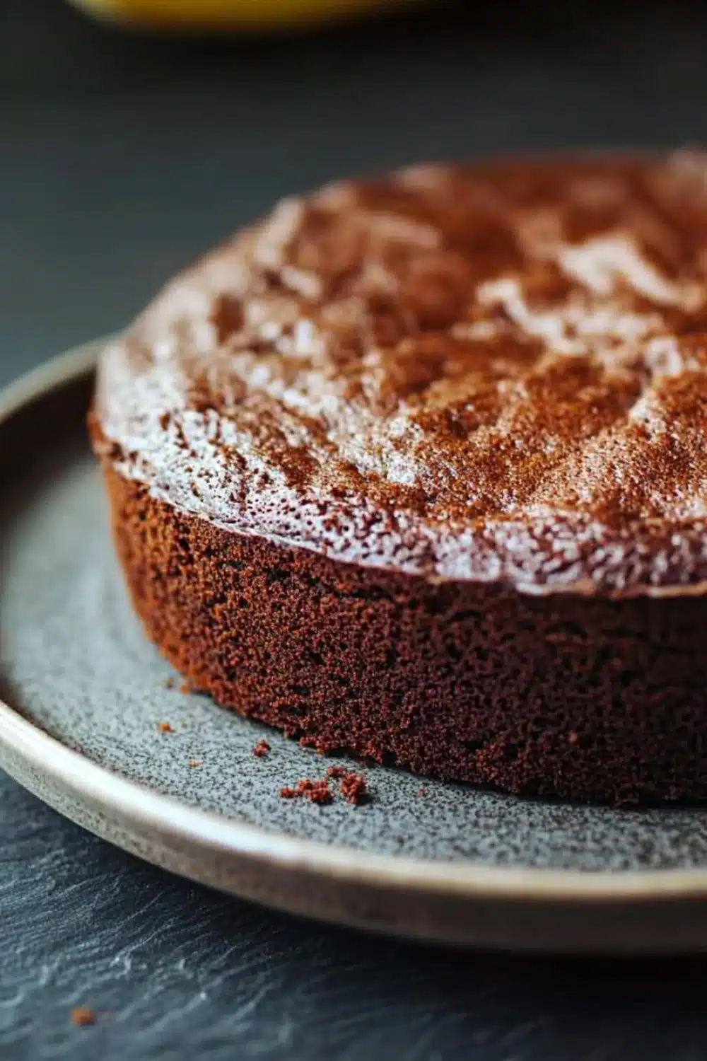 Chocolate banana yoghurt cake - the image is a close-up of a round chocolate cake on a grey plate. the cake appears to be freshly baked and has a golden brown crust on top. the top of the cake is covered in a generous layer of powdered sugar, giving it a shiny and shiny appearance. the plate is sitting on a dark grey surface, and there is a yellow bowl in the background. the overall mood of the image is warm and inviting.