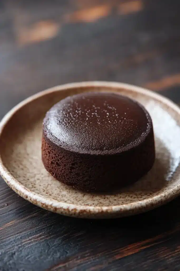 Chocolate cake japanese - the image shows a round chocolate cake on a beige plate. the cake appears to be moist and has a smooth texture. it is covered in a light dusting of powdered sugar, giving it a shiny appearance. the plate is placed on a dark wooden surface, and the background is blurred, making the cake the focal point of the image.